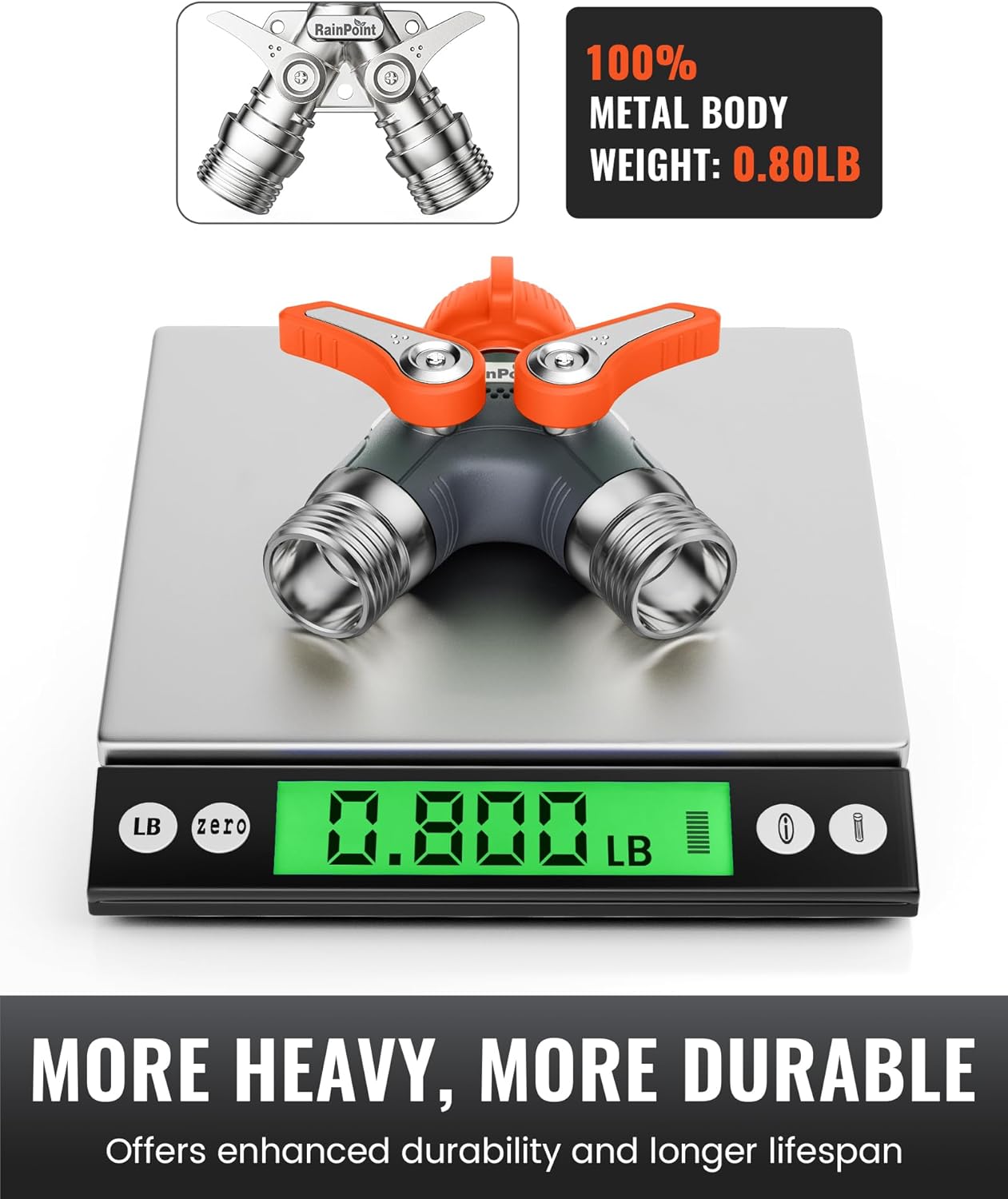RAINPOINT Garden Hose Splitter, 2 Way Heavy Duty Water Hose Y Spigot Splitter with Shutoff Valves, 100% Metal Body Outdoor Faucet Splitter, 1.9" Extra Long Metal Handle, 3/4" GHT Thread (2, Orange)