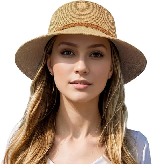 Beach Sun Straw Hats for Women, Summer Sun Protection Foldable Packable Wide Brim Hat