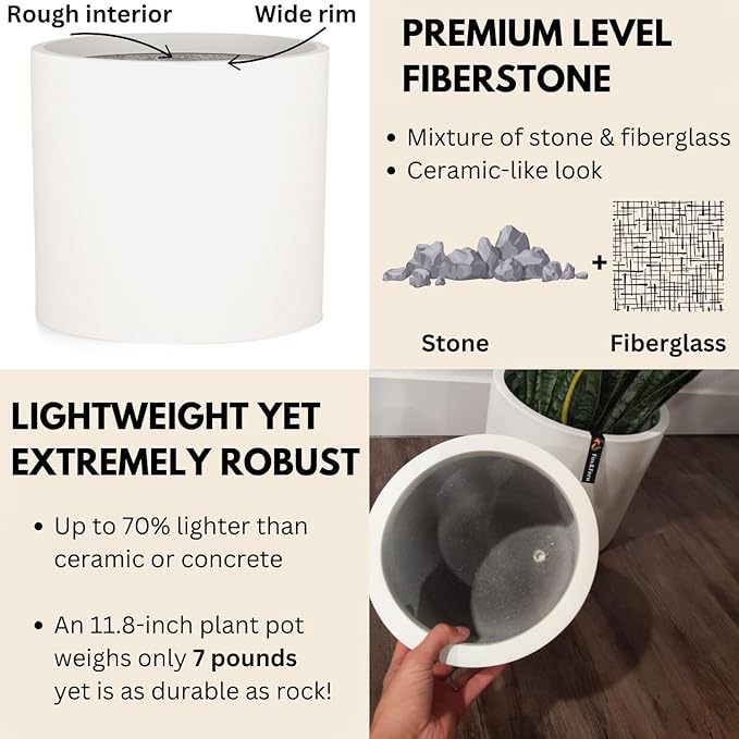 Fox & Fern Large 12 Inch Planter — Premium Lightweight Fiberstone Matte White Plant Pot w Drainage Plug; Large Indoor & Outdoor Floor Planter; 12 Inch Pots for Plants; Weather Resistant & UV Resistant