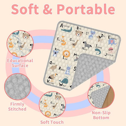 Baby Play Mat for Floor 59x59, Soft Portable, Non-Slip Crawling Mat Machine Washable Foldable Playmate for Babies,Toddlers, Infants Indoor/Outdoor Use, Alphabet & Animal Design