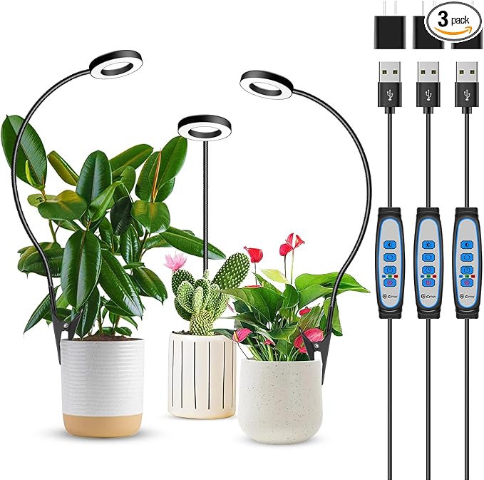 Plant Lights for Indoor Growing, 144 LED Full Spectrum Plant Grow Light with Clip 3 Pack, Black Halo Indoor Plant Light 2 Installation Options with 6/12/16H Timer, 5 Dimmable, 3 Modes