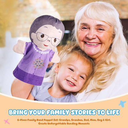 6 Pcs Family Hand Puppets 10 Inch Grandparents, Mom & Dad, Brother & Sister Plush Hand Puppet Toys Role-Play Toy Puppets for Kids Storytelling Imaginative Pretend Play Teaching Preschool(6 Family C)