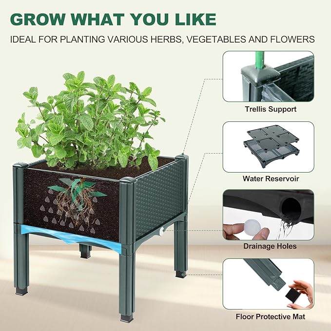 Emalie Raised Garden Beds Elevated Plastic Planter Box with Drainage Plugs Perfect for Vegetables Flowers Herbs Growing Outdoor, 63.0" Lx15.7 Wx16.5 H Grey