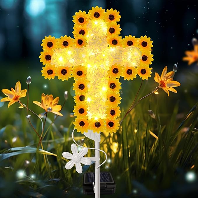 YJFWAL Solar Daisy Cross Garden Stake Lights, Yard Solar Lights Cemetery Decorations for Grave Outdoor Light Jesus Cross Sympathy Memorial Gifts for Grandmother, for Garden Yard Lawn Patio Pathway