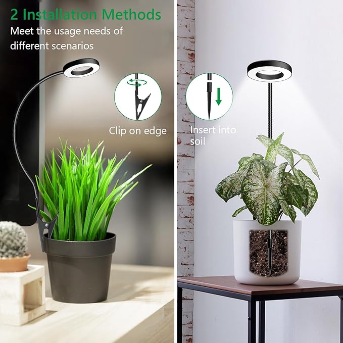 Clip on Grow Light, 6000K Plant Lights for Growing Small Plants, Full Spectrum Grow Lights for Indoor Plants 2 Installation Options, Black Halo LED Grow Lamp with 6/12/16H Timer