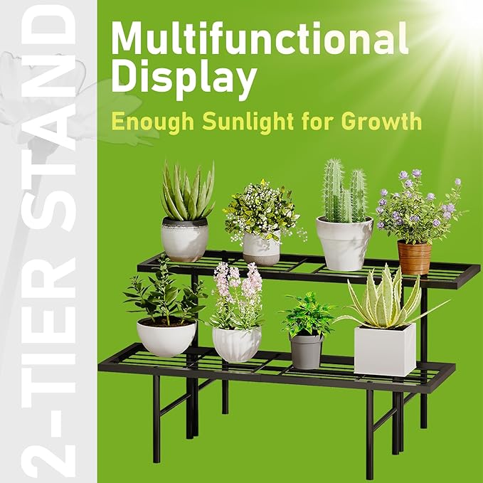 2-Tier Black Metal Ladder Plant Stand, Versatile for Indoors & Outdoors, Perfect as a Multi-Plant Display Rack for Windowsills, Patios, Balconies