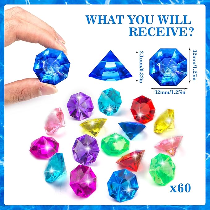 60PCS Acrylic Gems Diving Gems for Pool, Pirate Treasure and Pool Jewels Diving Toys, Gemstones for Kids, Party Favors, Vase Fillers