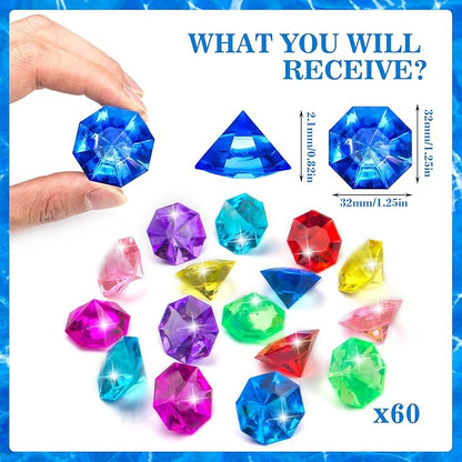 60PCS Acrylic Gems Diving Gems for Pool, Pirate Treasure and Pool Jewels Diving Toys, Gemstones for Kids, Party Favors, Vase Fillers