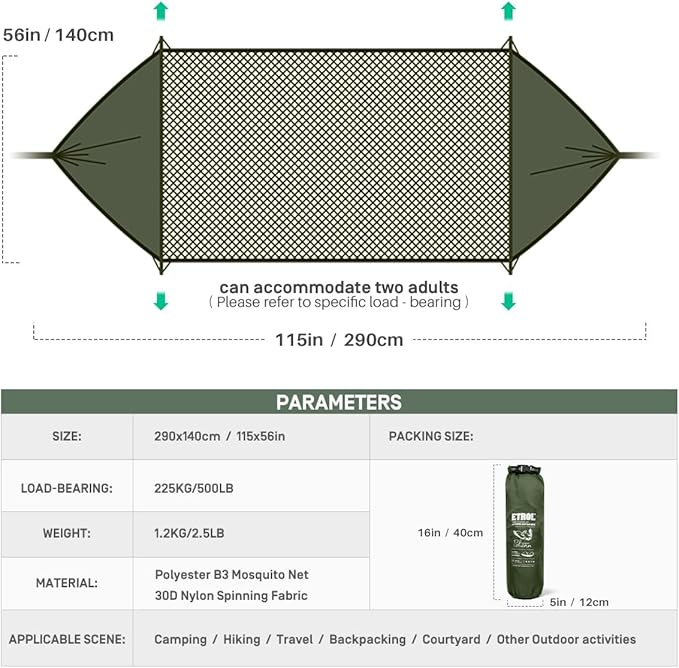 ETROL Camping Hammock with Mosquito Net,3 in 1 Function Parachute Portable Hammock,Double & Single Hammocks Tent for Travel Outdoor Indoor Hiking Patio - with Tree Straps,Carabiners,Aluminium Poles