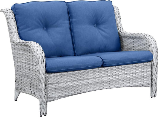 Outdoor Loveseat Small Patio Furniture 2 Seater Sofa Light Grey Wicker Couch Rattan Settee for Single-Family House