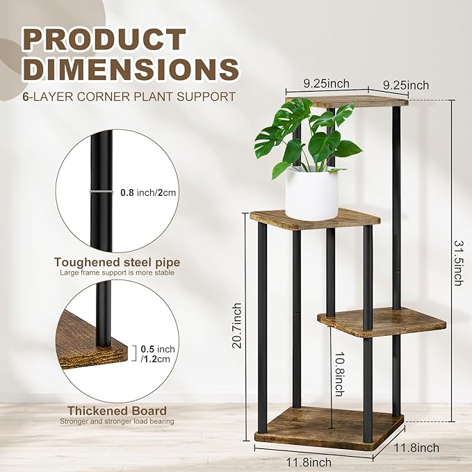 4 Tier Wood Tall Plant Stand Metal Rack Indoor, Multiple Flower Pot Holder Shelves Corner Rack, Planter Shelf Display Rack Storage Organizer for Patio Living Room Balcony Garden(Black)