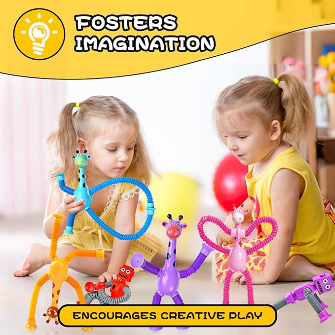 Giraffe Sensory Toys 4Pcs Gift for Toddlers Girls Year Old Ages 3 4 5 6 7 8 9 10, Suction Autism Toy Pop Tube Fidget Toys Autistic Travel Toys Stocking Easter Basket Stuffer Valentine Gift for Kids