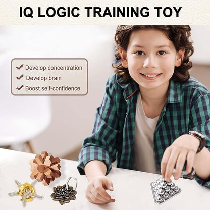 9 pcs Metal Wooden Brain Teaser Puzzle Logic Metal Puzzle for Adult Kid Toy Lock Puzzles Gift for Adults Teenagers Kids