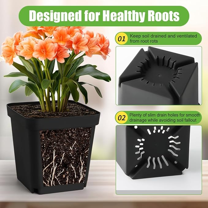 Square Nursery Pots 5.5 Inch, 30 Pcs Plastic Plant Pot with Drainage Holes, Reusable Seedling Starter Pots Garden Flower Pots Planters for Indoor Plants, Transplanting, Succulents, Cuttings