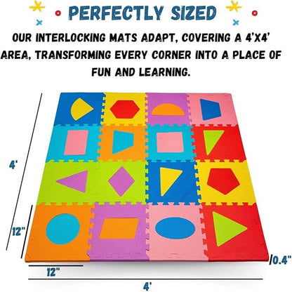TOYVELT Foam Puzzle Floor Mat for Kids 12x12-16 Interlocking Play Mat Tiles with Color & Shapes - Educational Large Puzzle Foam Floor Tiles for Crawling, Exercise, Playroom, Play Area