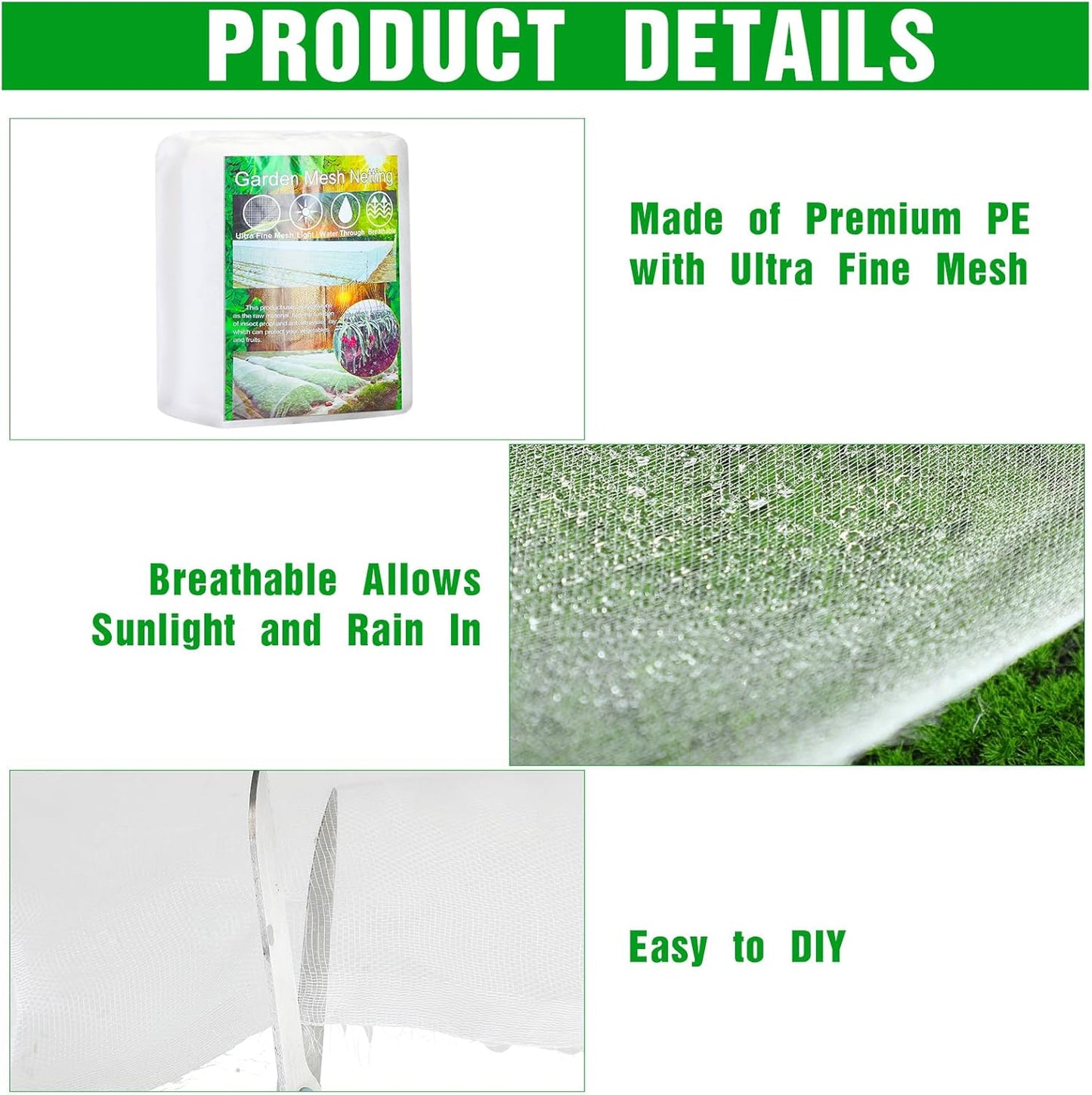 Woanger 4 x 100 ft Garden Mesh Netting Ultra Fine Plant Covers Garden Netting to Protect Vegetable Plants Fruits Flowers Crops Greenhouse Row Cover Patio Barrier Screen Protection Net (White)