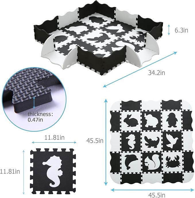 Foam Play Mat for Kids，25Pcs Square Interlocking Puzzle Floor Mat，Baby Play Mat Floor Mat Foam Puzzle Playmat for Toddlers with Fence - Black Animals