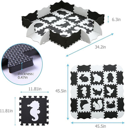 Foam Play Mat for Kids，25Pcs Square Interlocking Puzzle Floor Mat，Baby Play Mat Floor Mat Foam Puzzle Playmat for Toddlers with Fence - Black Animals