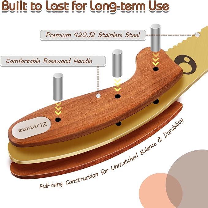 Kids Knife Set for Real Cooking with Educational Ring & Precious Rosewood Handle, Kids Chef Knife-4pcs Set with Stainless Steel Finger Guard-Golden Coating