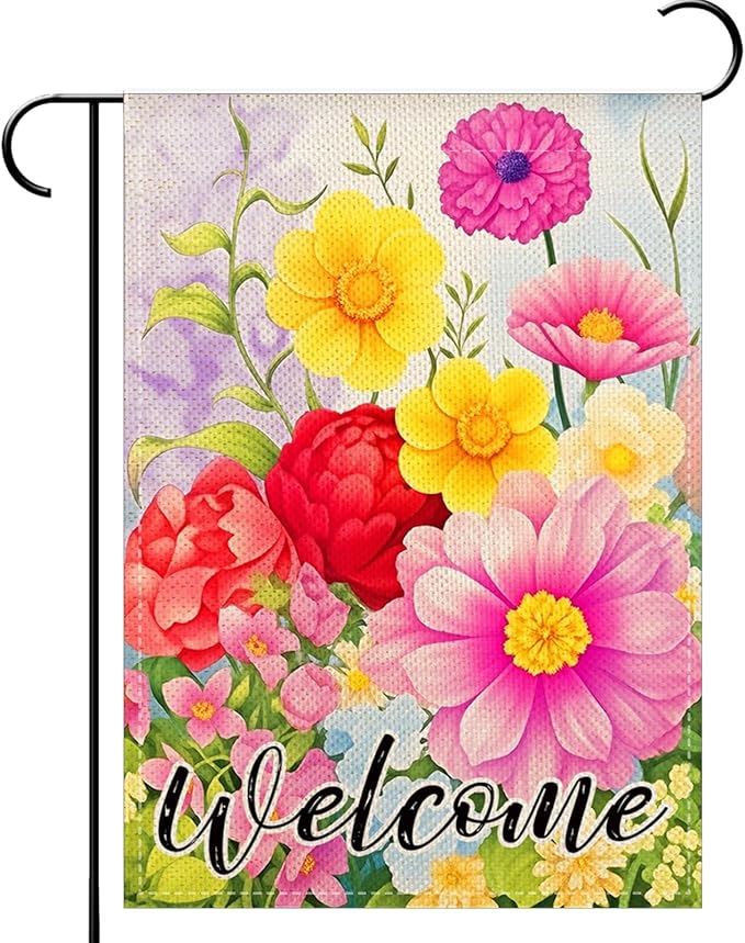 Welcome Spring Floral Garden Flags 12x18 Inch double sided,Seasonal Flowers Yard Holiday Outdoor Burlap Garden Farmhouse Decor