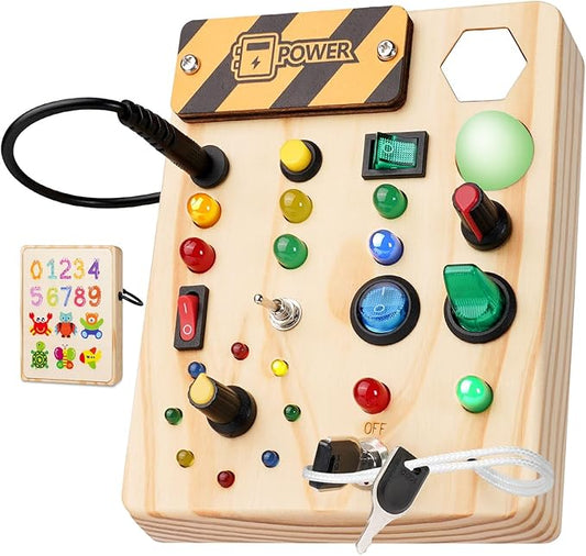 Montessori Busy Board Toys: Wooden Sensory Toy for Toddler with LED Light Up Switch, Educational/Christmas/Birthday Gifts for 1-3 Year Old Boys & Girls