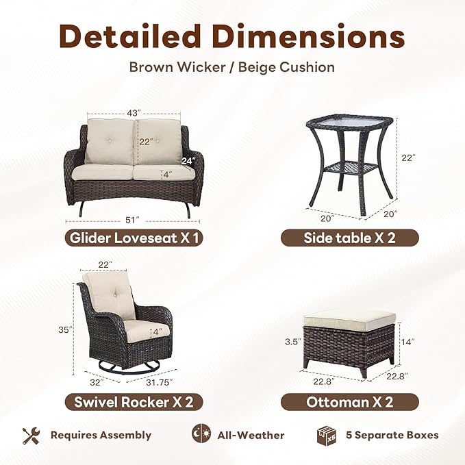 Outdoor Patio Furniture Set - 7 Piece Brown Wicker Conversation Patio Furniture Set All Weather Swivel Chairs with Ottoman and Loveseat Glider Chair for Deck Balcony Backyard