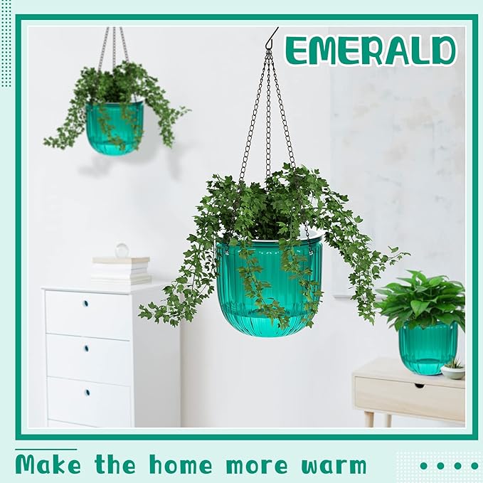 Meanplan 4 Pcs Self Watering Hanging Planter Indoor 6.5 Inch Hanging Baskets for Plants Outdoor Plastic Flower Pot with 3 Hooks Chains Drainage Holes for Garden Home, Medium Size(Emerald)