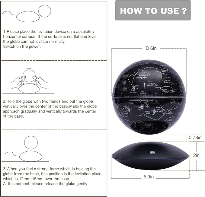 6" Magnetic Levitation Floating Globe Anti Gravity Rotating Constellation Ball with LED Light Display Globe for Children Educational Gift Home Office Desk Decor (Black)