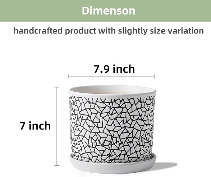 8 Inch Plant Pots: Ceramic Planter Pot with Drainage Hole & Saucer - Planters for Indoor/Outdoor Plants - Flower Pot with Bonded Tray for Home/Office - Tile Design Debossed