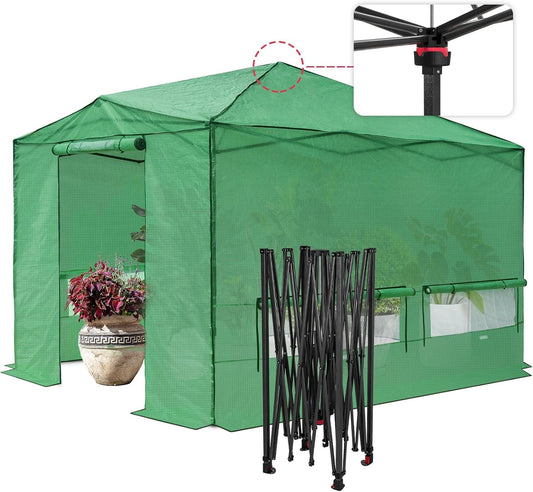 EAGLE PEAK 12x8 Portable Large Walk-in Greenhouse Instant Pop-up Fast Setup Indoor Outdoor Plant Gardening Green House Canopy, Front Roll-Up Zipper Entry Doors and Roll-Up Side Windows, Green