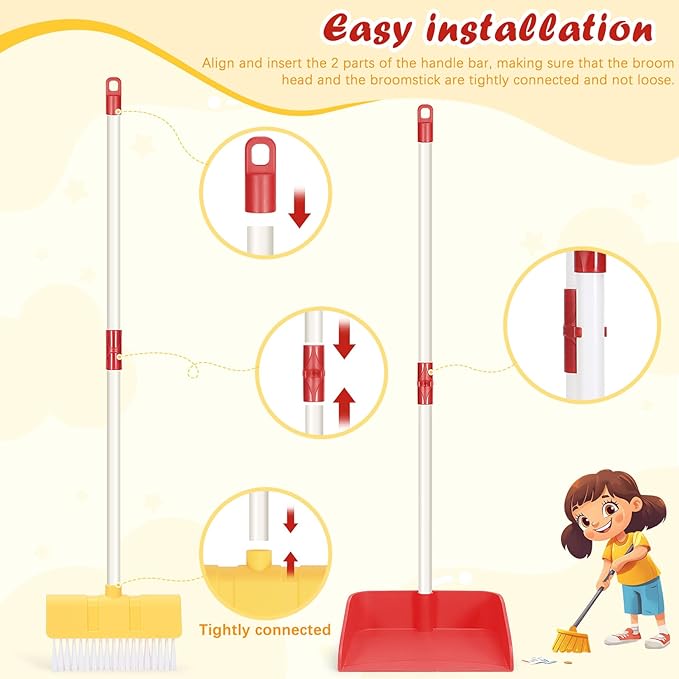 Kids Cleaning Toy Set Toddlers Broom Dust Pan Set for Housekeeping Pretend Play Cleaning Set, Cleaning Toys Gift for Toddlers Girls Boys Age 3-6 Years Old (6PCS - Red Set)