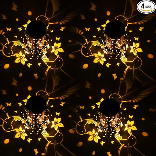 4 Packs Solar Lanterns Outdoor Hanging Lantern Lights, 4 Hummingbird Hollowed-Out Metal Decor Lantern, Waterproof LED Decorative Garden Light Gifts