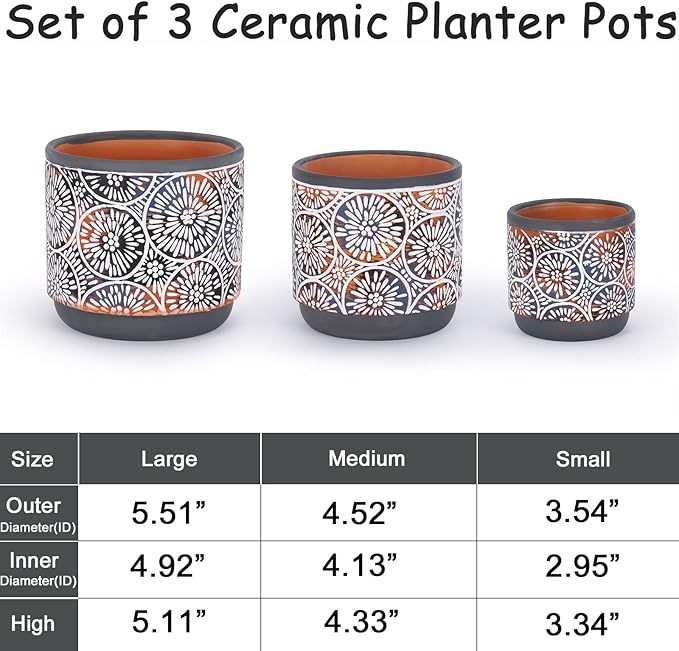 DeeCoo 3 Piece Ceramic Plant pots for Indoor with Drainage Holes, 5.7/4.7/3.5/inch, Modern Decorative Flower pots Outdoor Plants Lilies, Cacti, Succulents, Snakes, and Bamboo (Gray)