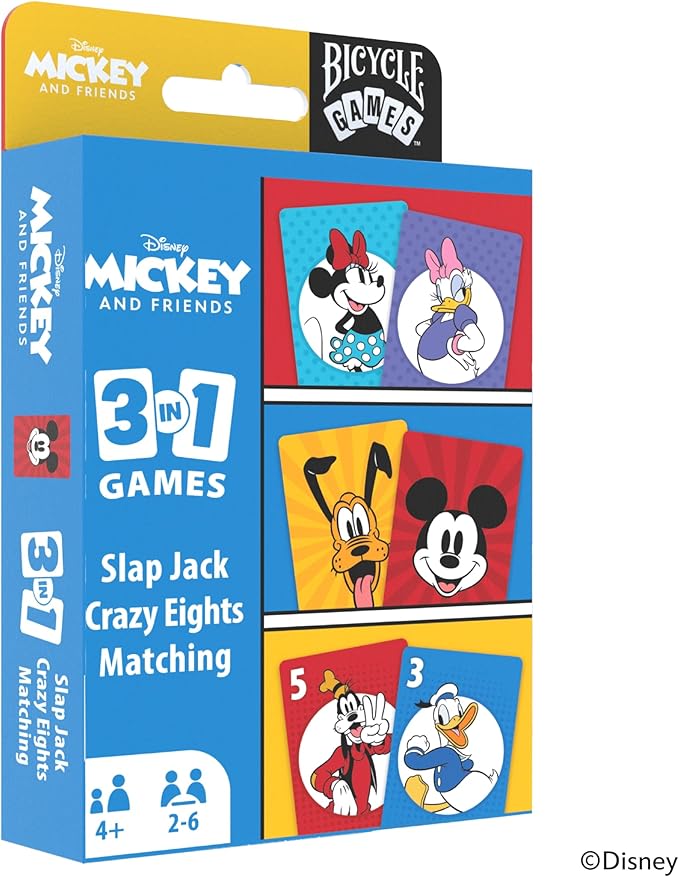 Bicycle Disney Mickey and Friends 3-in-1 Card Games, Matching, Crazy Eights & Slap Jack, Featuring Mickey Mouse, Donald Duck & Goofy, Kids Card Games Ages 4+, Family Games for 2-6 Players