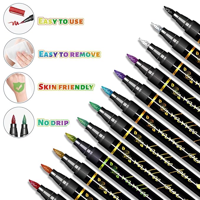 Temporary Tattoo Markers for Skin, 12 Metallic Body Markers + 183 Temporary Tattoo Stencils for Kids Adults, Flexible Brush Tip, Bright Colors, Cosmetic Tattoos Pens for Kids Adults, DIY Body Art Set