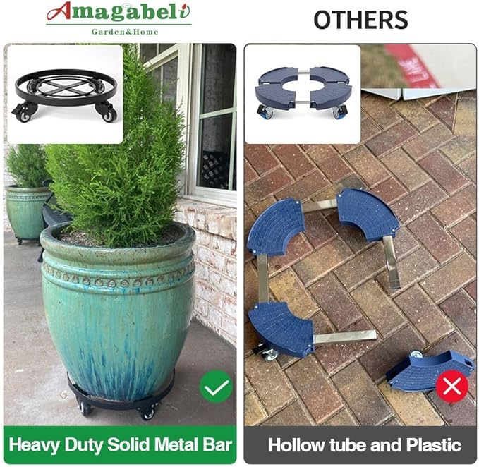 AMAGABELI GARDEN & HOME 16" Metal Plant Caddy Heavy Duty Iron Potted Plant Stand with Wheels Round Flower Pot Rack on Roller Dolly Holder Mover Indoor Outdoor Planter Trolley Casters Brakes BG1721