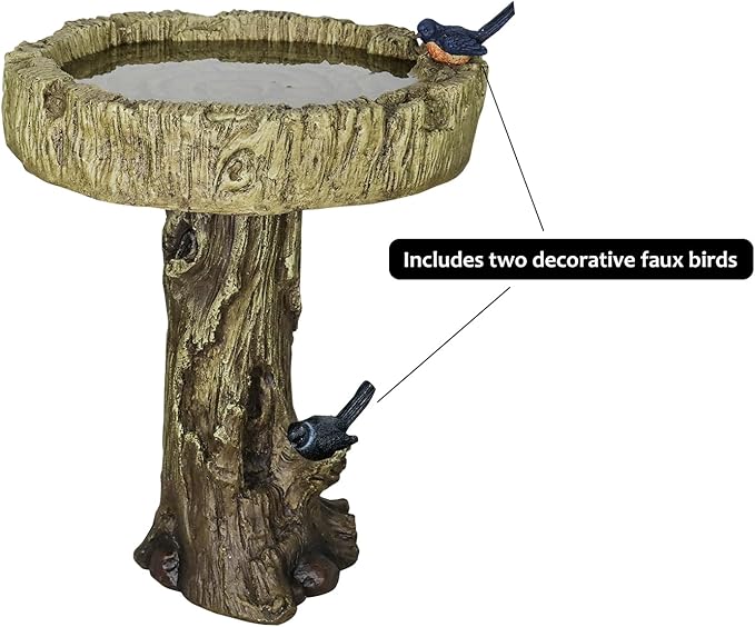 SunJet 24.4 Inch Heigh Wood-Look Concrete Bird Bath with Decorative Faux Bird – birdbath Rustic & Long-Lasting Design, Enhances Garden, Patio, Yard, Lawn Décor
