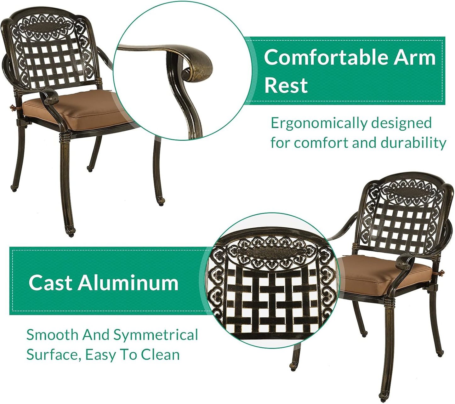 VIVIJASON 3-Piece Outdoor Patio Bistro Set, All-Weather Cast Aluminum Furniture Dining Sets Include 2 Cushioned Chairs and 31" Round Table w/Umbrella Hole for Balcony, Lawn, Garden, Backyard
