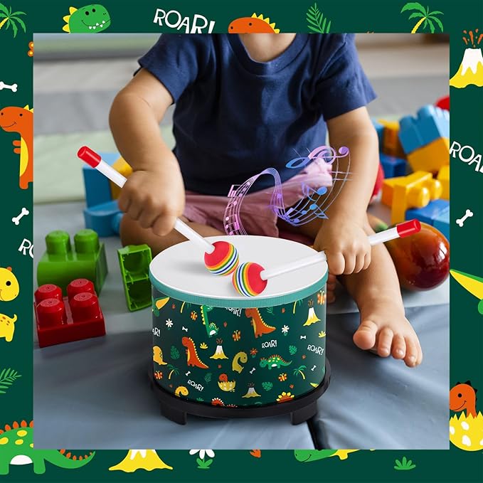 Boao Floor Tom Drum for Kids 8'' W x 6.5'' H Wooden Percussion Instrument Music Drum with 2 Rainbow Mallets Dinosaur Educational Toys for Baby Children Toddler Boy Girl Birthday Gift