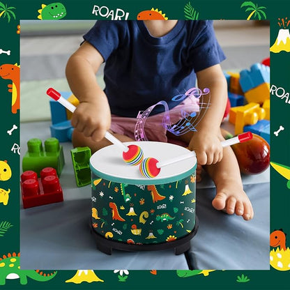 Boao Floor Tom Drum for Kids 8'' W x 6.5'' H Wooden Percussion Instrument Music Drum with 2 Rainbow Mallets Dinosaur Educational Toys for Baby Children Toddler Boy Girl Birthday Gift