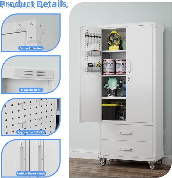 Upgraded Metal Garage Storage Cabinet with Wheels and 2 Drawers, Rolling Tool Cabinet with 3 Shelves and Pegboard Behind The Door for Home Office Garage,Assembly Required,White