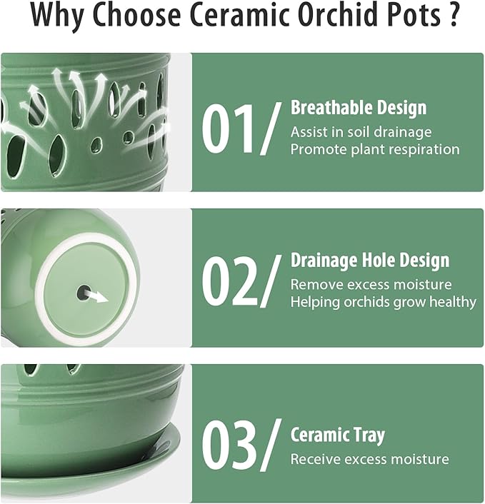 Ceramic Orchid Pot, 5+6 Inch Orchid Pots with Holes, Promoting Air Circulation and Drainage, Indoor/Outdoor Flower Pots - Pea Green