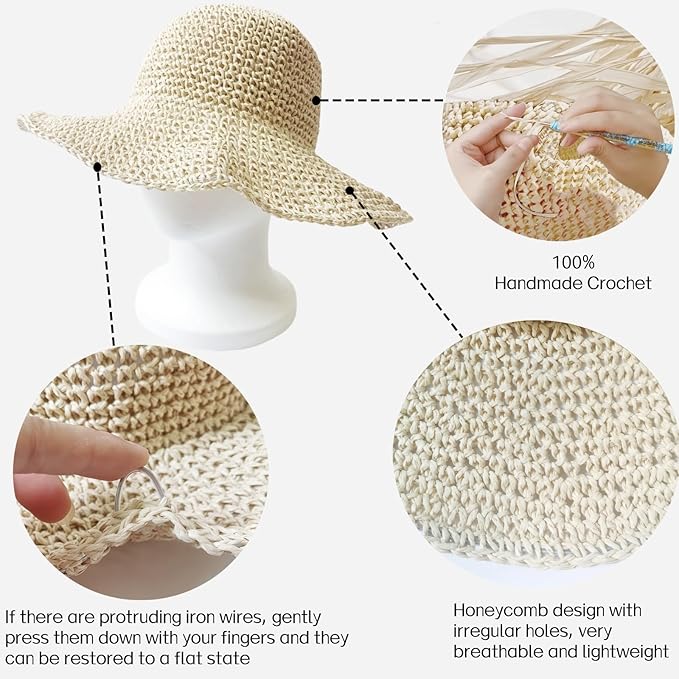 Womens Straw Beach Sun Hats, Foldable Packable Floppy Handmade Crochet Hats for Women,Large Summer Vacation Wide Brim Hat