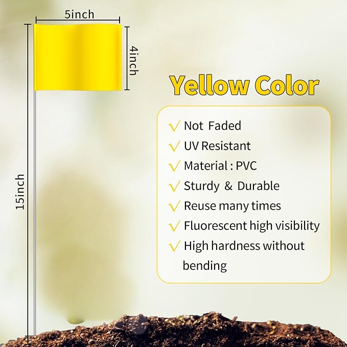 Zozen 50Pack Yellow Marking Flags, Writable/15x4x5 Inch, Yard Flags for Lawn & Irrigation & Landscape & Sprinkler & Survey & Dog Training.