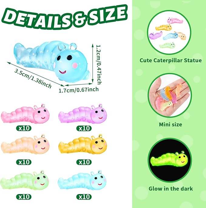 Suzile 60 Pcs Mini Resin Animals Caterpillars Miniature Figures Luminous Mini Resin Charms Miniature Garden Accessories Micro Landscape Ornaments for DIY Outdoor Decor Party Decorations (Bright Color)