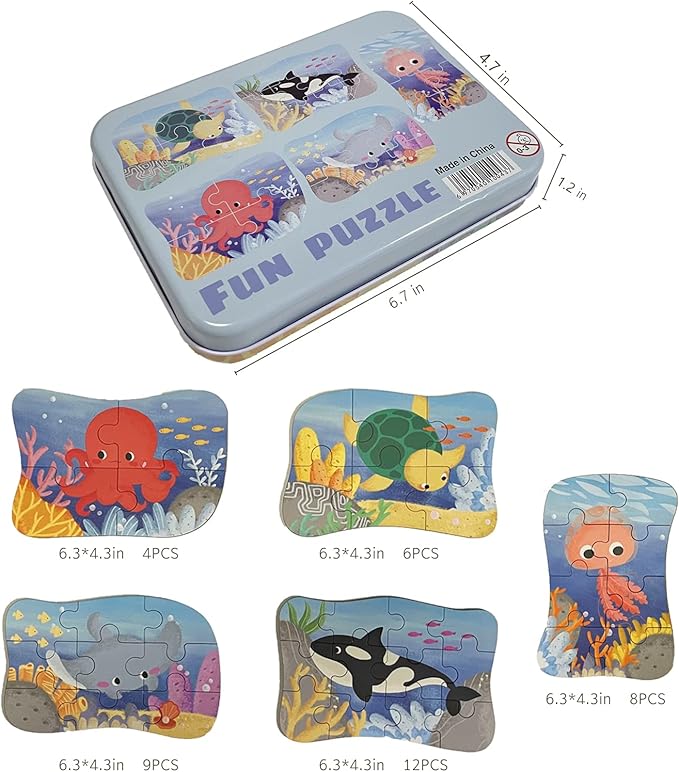 Wooden Floor Puzzles Set for Toddler Age 2-4 Easy 5 Pack 4 to 12 pcs Large Ocean Animal Beginner Puzzles for Early Educational Toy