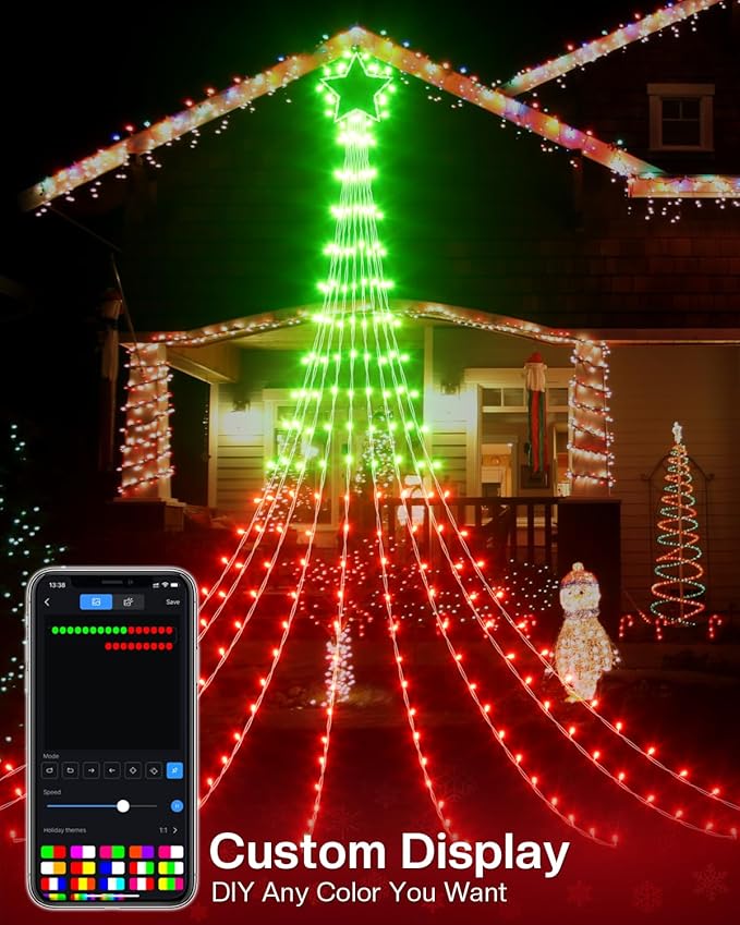 23FT Smart Waterfall Christmas Tree Lights Outdoor Decorations, App Control Color Changing Yard Lights Music Sync Chasing Effect Waterproof Outside 355 LED Star String Lights
