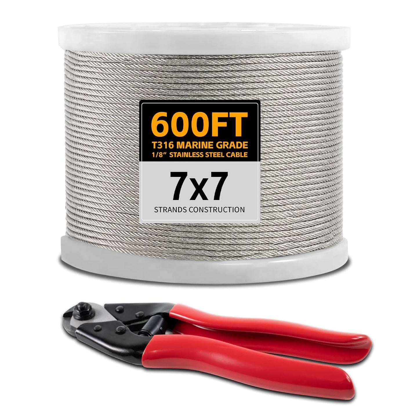 600FT 1/8" Stainless Steel Cable Wire Rope with Cutter, Cable for Deck Railing, 1800 lb Breaking Strength 7x7 Strands, T316 Aircraft Cable for Stair, Fence, Porch