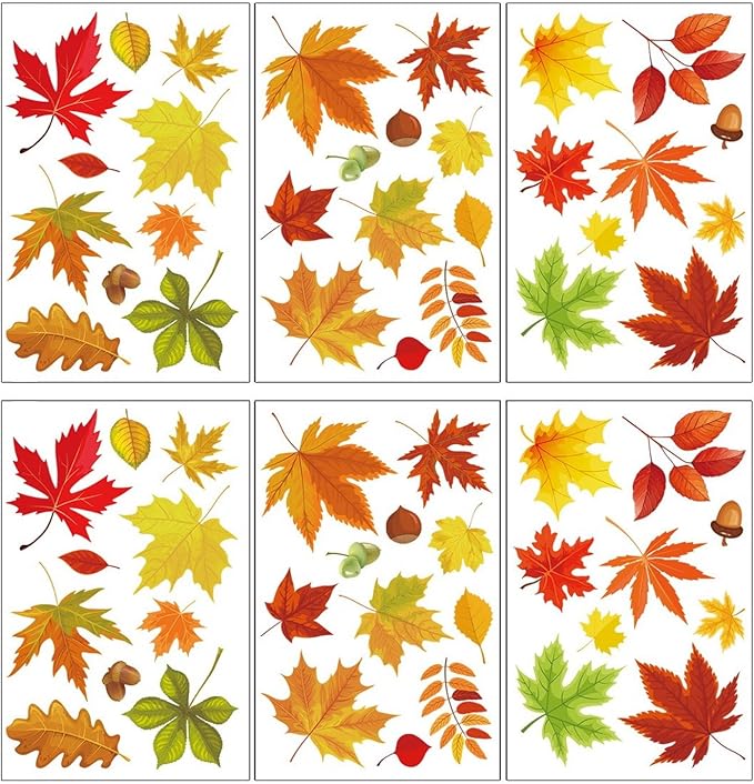 6 Sheets Fall Leaves Window Clings for Glass Windows Double-Side Autumn Window Clings Maple Leaves Pinecone Designs Thanksgiving Clings for Glass Windows Stickers for Home Office School Glass Decor