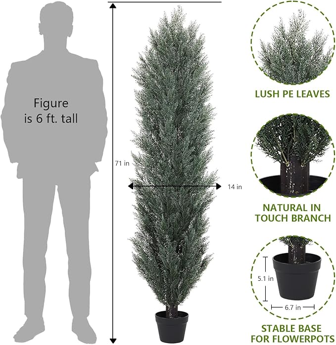 THE BLOOM TIMES 6ft Tall Topiary Trees Artificial Outdoor – UV Resistant Faux Cedar Pine Cypress Bushes and Shrubs, Fake Potted Plants for Front Porch Outside Planter Patio Decor, Set of 2 (6 Foot)